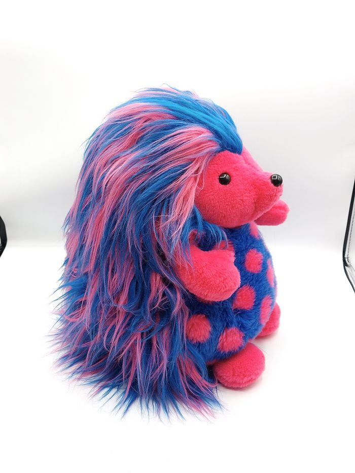 Peluche Vintage ancien doudou hérisson AJENA longs poils bleu rose pois 33 cm - photo numéro 4