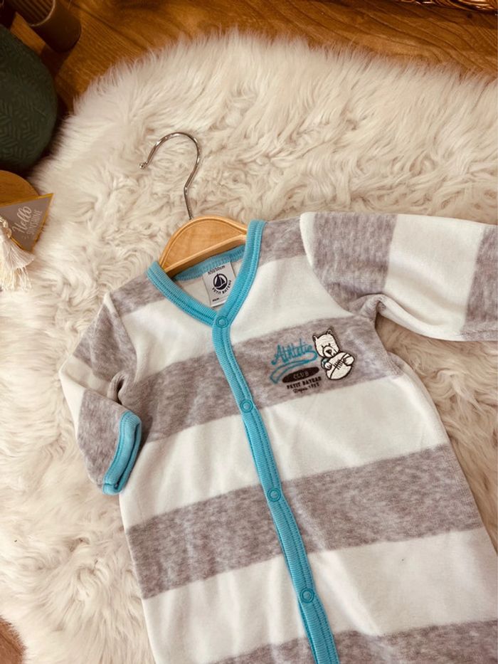 Taille naissance pyjama velours garçon Petit Bateau blanc gris et turquoise * athletic club * 💙 - photo numéro 2