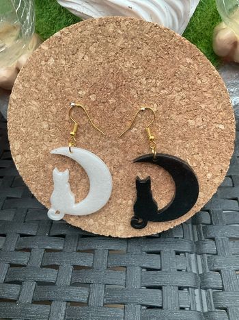 Boucles d’oreille chat lune noir et blanc neuve