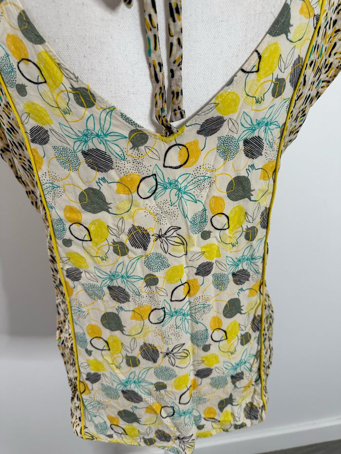 Blouse bariolée jaune et beige crème imprimés citrons agrumes T36 S - photo numéro 8