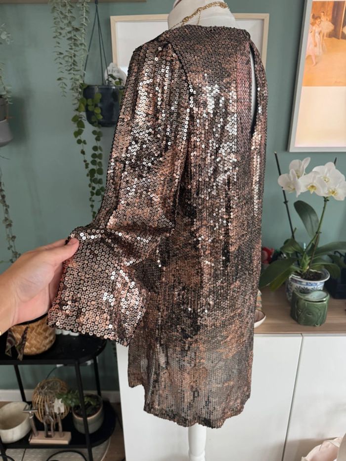 Magnifique robe chic de soirée sequins doré marron taille M manches longues - photo numéro 3