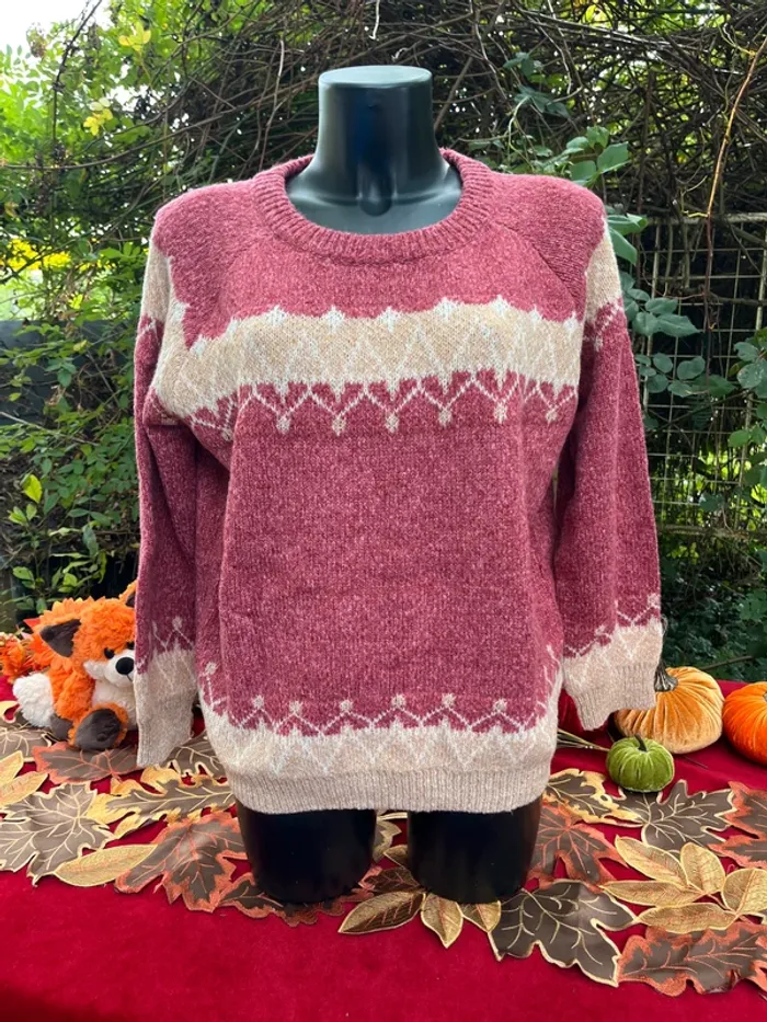 Pull bordeaux motifs jacquard – col rond chaud confort XL cosy