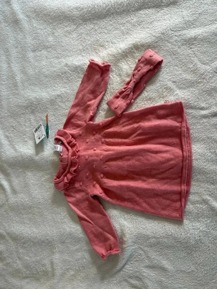 Robe tricot bébé fille 1 mois avec bandeau assorti – Obaïbi, rose corail en laine - photo numéro 2