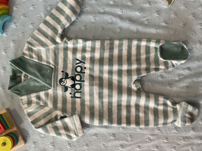 pyjama grenouillère en velours rayé menthe et blanc inscription devant 6 mois obaibi - photo numéro 4