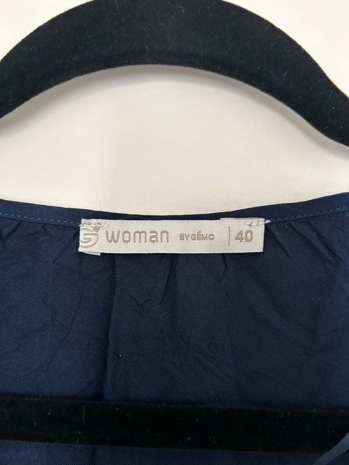 Blouse légère bleu marine manches 3/4  noeud ficelle pompon au col Gemo 40 - photo numéro 5