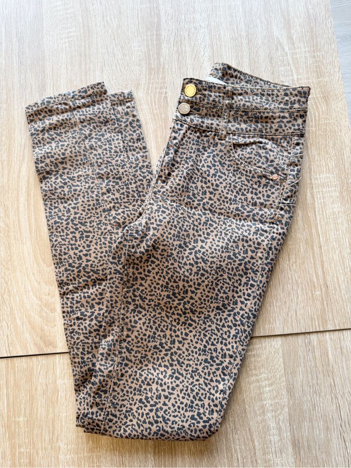 Pantalon slim taille haute luisant marron noir léopard grain de malice taille 34 XS
