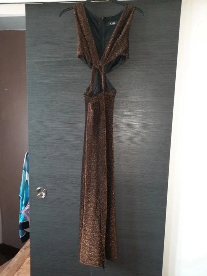 Robe longue marron à paillettes – Fendue & élégante – Taille S – Marque 1992