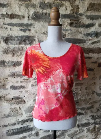 Tshirt manches courtes orange corail à fleurs Taille 34 36