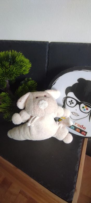 doudou chien blanc ecru beige ficelle domiva eponge semi plat peluche