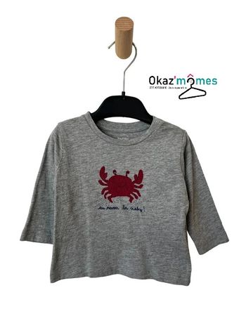 T-shirt manches longues gris chiné motif crabe - Bout'chou 9 mois