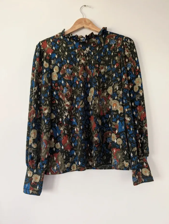 Blouse à manches longues col montant automne casual chic bleu kaki doré cache-cache taille 38 - photo numéro 6