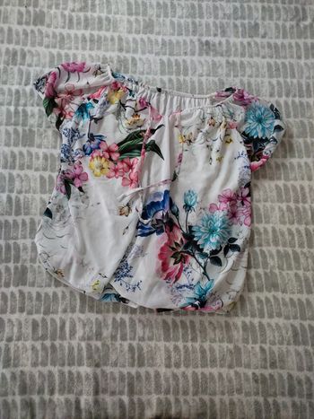 Blouse manches courtes blanches fleurs multicolores doublé taille 38