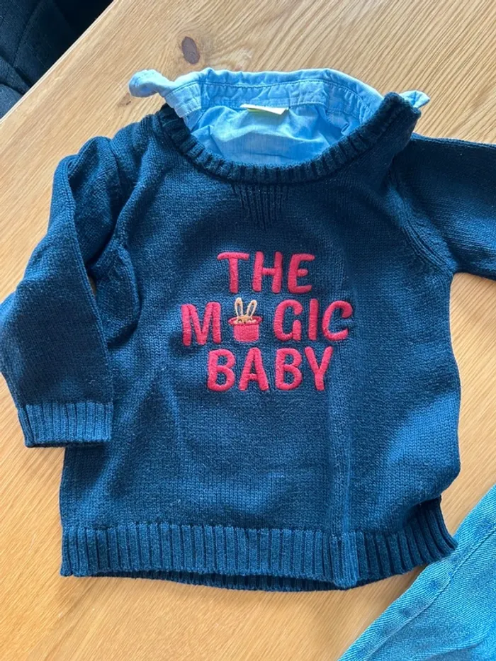Ensemble bébé garçon 9 mois – Pull marine brodé avec col de chemise + Jean clair - photo numéro 5