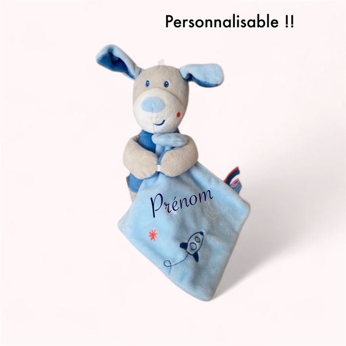 Peluche doudou mouchoir 25cm sucre d’orge chien bleu et gris très bon état - photo numéro 5