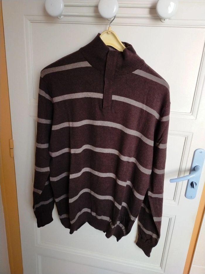 Pull col camionneur rayé marron beige - photo numéro 2