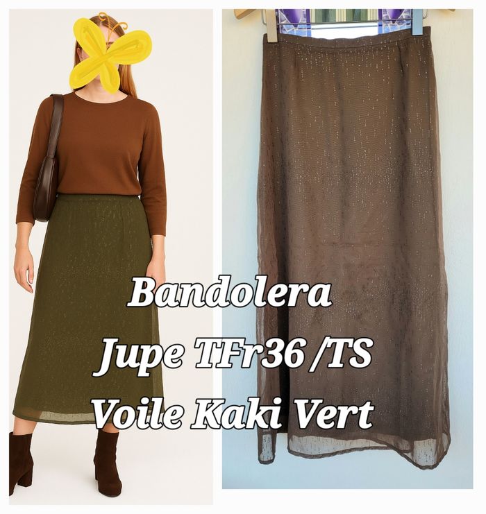Bandolera Jupe TFr36 -Longue -Voile Kaki avec Paillettes et Doubĺée en TBE