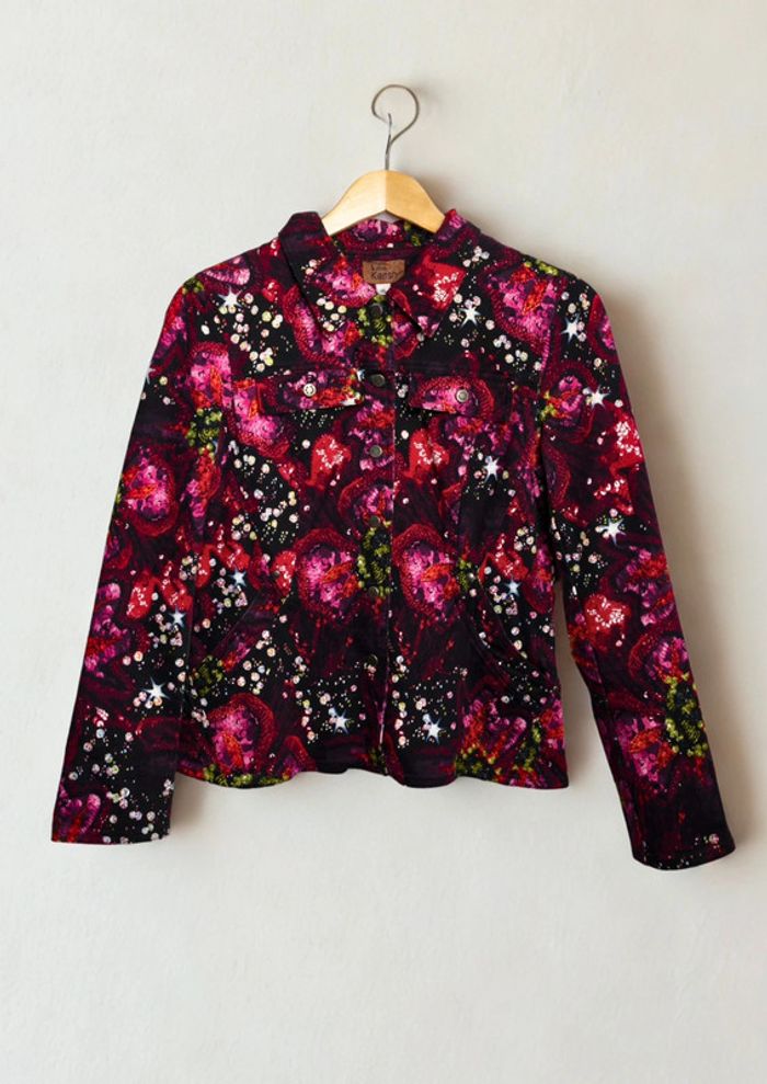 Veste en jean imprimé fleurs Vintage• Denim Jacket floral print Léa Kanth Taille 42