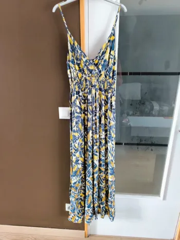 Robe longue imprimée tropicale bleue marine et beige femme 40/42