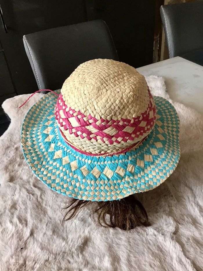 Chapeau de paille taille unique beige bleu et rose - photo numéro 3