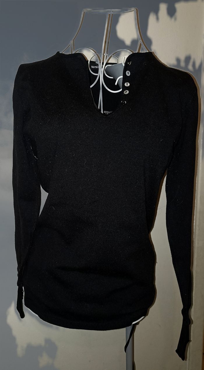 Pull Noir Tendance avec Inscription "ARMY" - Col V Boutonné - photo numéro 3