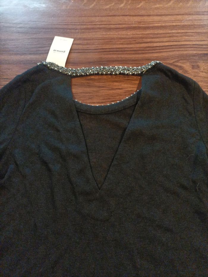 Petit pull noir femme avec encolure perles argentées taille XS - photo numéro 7