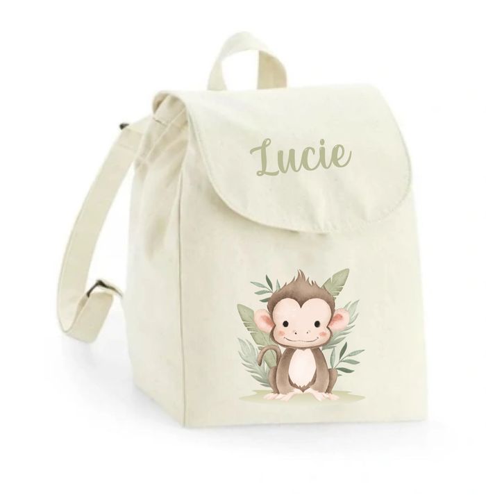 Sac à dos maternelle personnalisé prénom - Petit singe tropical - Sac crèche 100% coton bio - Rentrée enfant fille ou garçon