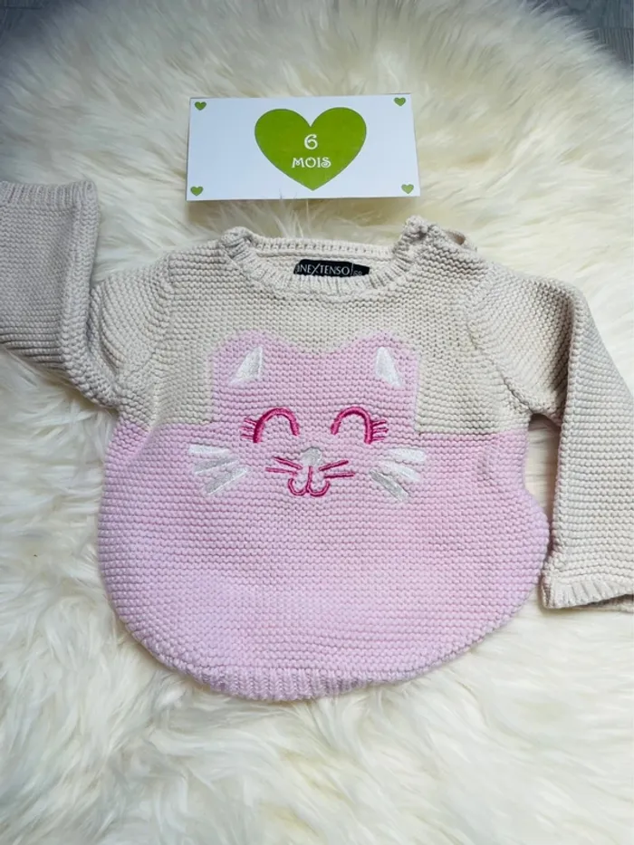 6 mois - Pull chat beige et rose - photo numéro 3