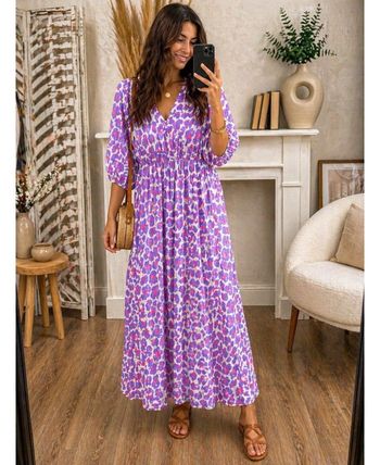 Robe longue léopard gaz de coton violet 