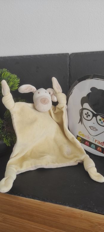 Doudou Plat Chien Beige Jaune Rose Vert Obaibi poche carré ancien Noeuds Marron