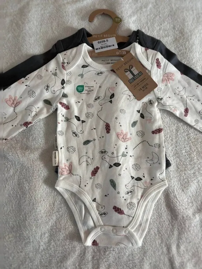 Lot de 2 bodies bébé manches longues Petit Béguin – 18 mois - photo numéro 2