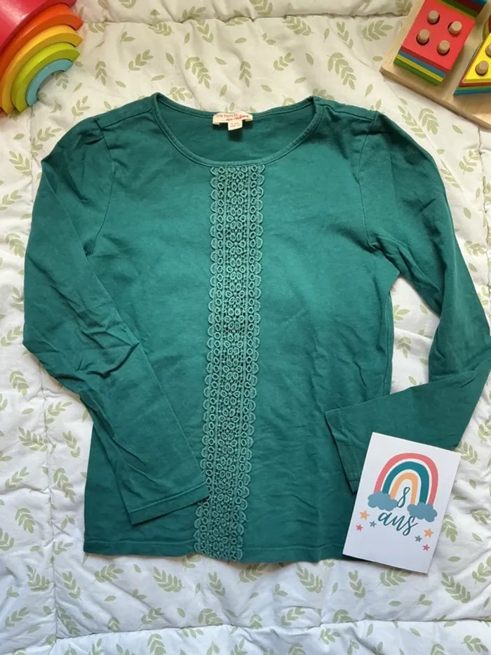 teeshirt manches longues vert foncé broderie devant du pareil au même 8 ans - photo numéro 2