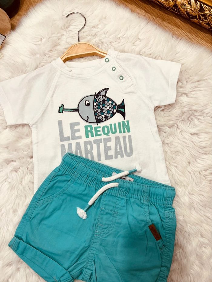 Taille 9 mois ensemble 2 pièces garçon TAO Gemo Blanc et turquoise * poisson * 💙 - photo numéro 2