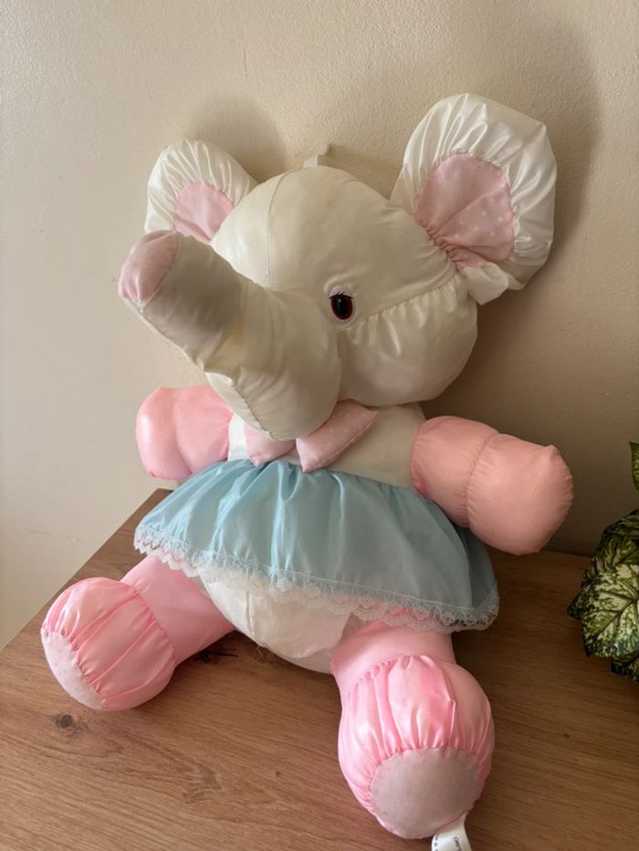 Vintage ancienne peluche éléphant puffalump rose robe bleu bikin - photo numéro 3