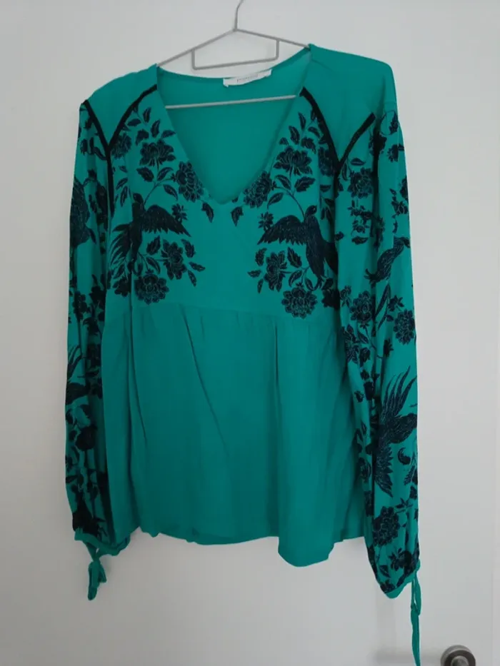 Chemise manches longues turquoise Promod M oiseaux noirs - photo numéro 5