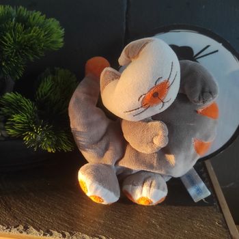 Doudou chat beige marron orange Nounours Grelot Hochet Lune