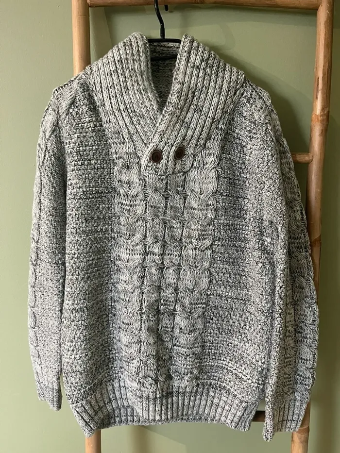 Pull épais H. Landers col châle boutonné - Taille M - Gris chiné - photo numéro 3