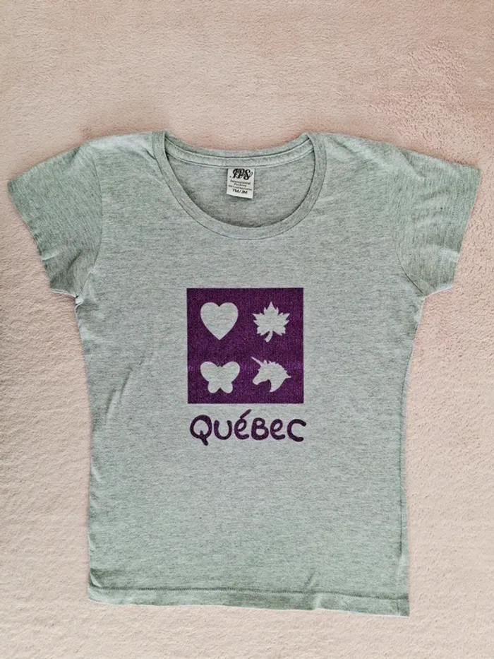 T-shirt manches courtes 8 ans gris clair motif Québec pailleté violet - photo numéro 2