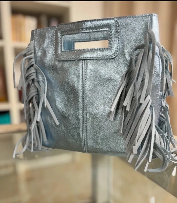 Sac bandoulière cuir véritable bleu gris franges - photo numéro 3