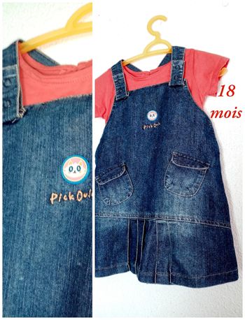 18 mois Ensemble 2 pièces pick ouic  robe en  jean  et Tee-shirt rouge toutes saisons /Excellent état