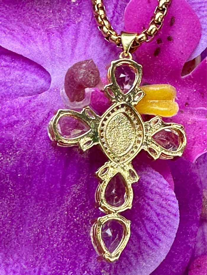 Collier habaha Paris chaîne épaisse réglable grosse croix œil bleu gros cristaux - photo numéro 8