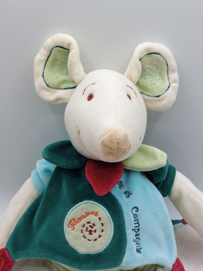 Ancien Doudou et Compagnie Peluche souris grand modèle Filousine écru vert bleu - photo numéro 3
