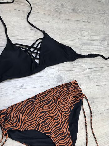 Maillot de bain 2 pièces bikini Taille M 38/40 Bikki beach imprimé tigre ocre noir taille haute