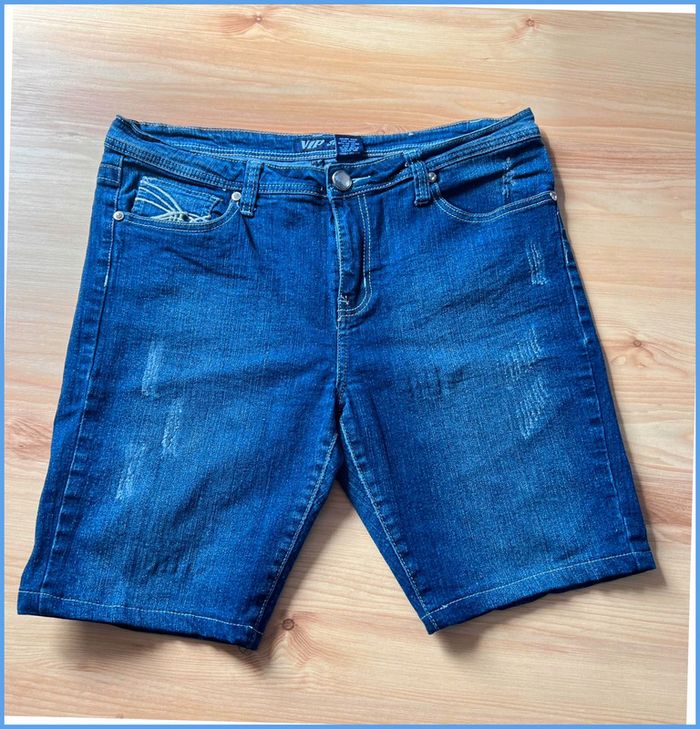 Short en jean vintage Femme Bleu marine brodé strass – Taille M/L L - photo numéro 2