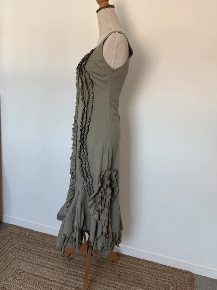 Robe longue kaki femme bretelles été volant L33 coton zip midi woman donna mujer S M - photo numéro 5