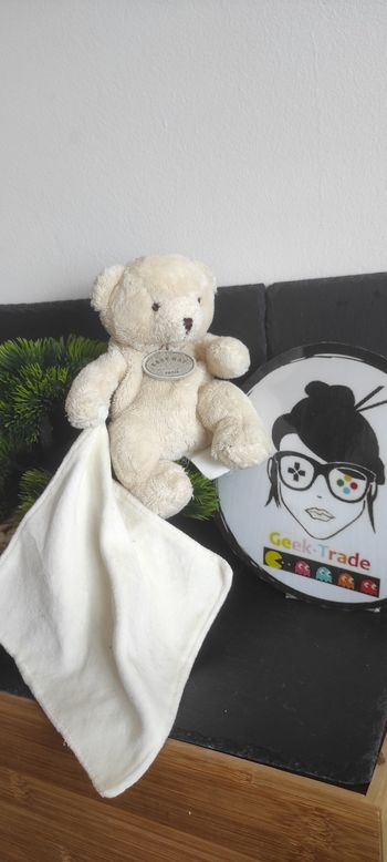 Doudou ours écru blanc mouchoir peluche creme beige baby nat ancien vintage