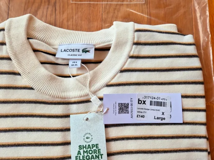 Pull "Lacoste" Blanc à rayures Taille XL neuf sous blister 100 % coton organique. - photo numéro 5