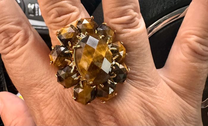 Bague XXL ’ réglable acier inoxydable or pierres véritables œil de tigre de qualité  habaha Paris