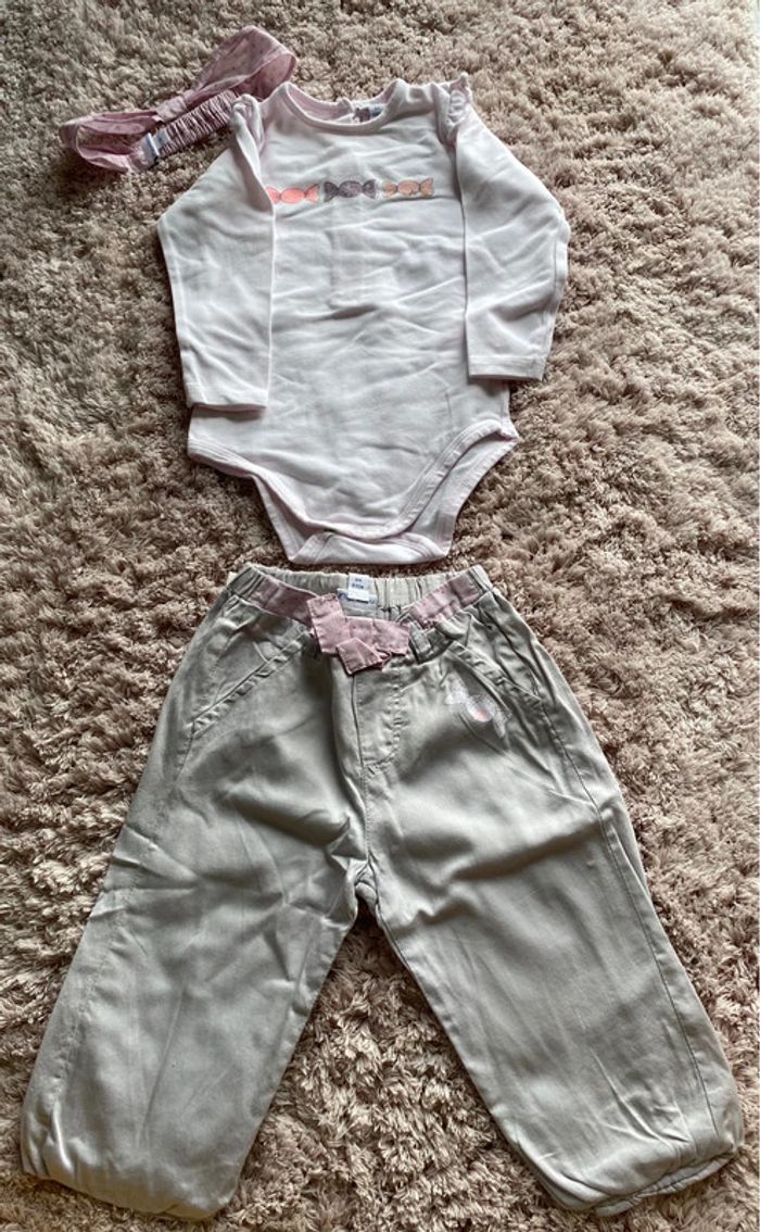 Ensemble bodie, pantalon fluide et bandeau P’tit bisou 6 mois