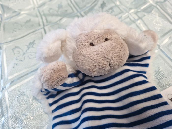 Doudou plat Ergee Mouton rayé  bleu et blanc - photo numéro 3