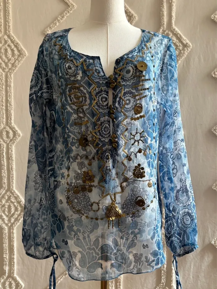 Blouse transparente bohème bleue à sequins dorés – earthygirl ethnique bohemian chic – taille unique - photo numéro 11